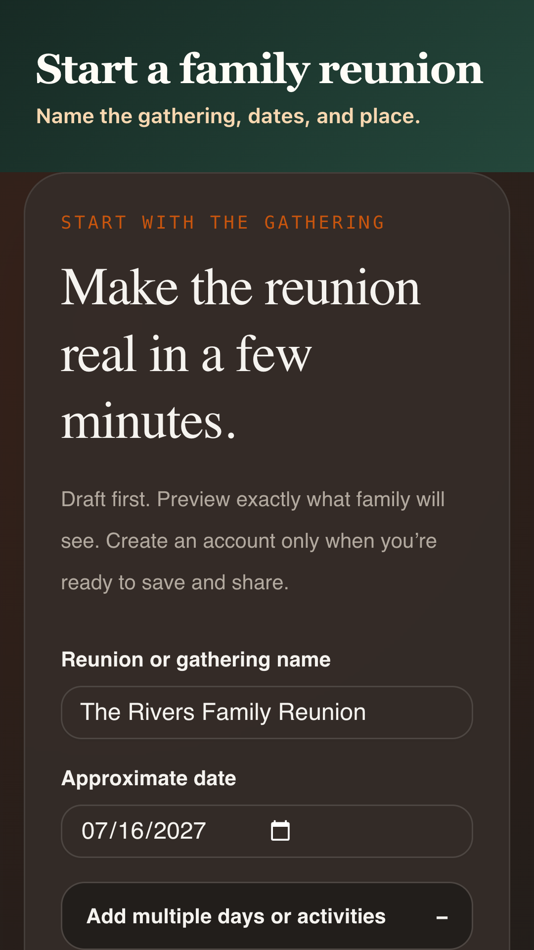 Kindred reunion planner showing a private family reunion setup screen