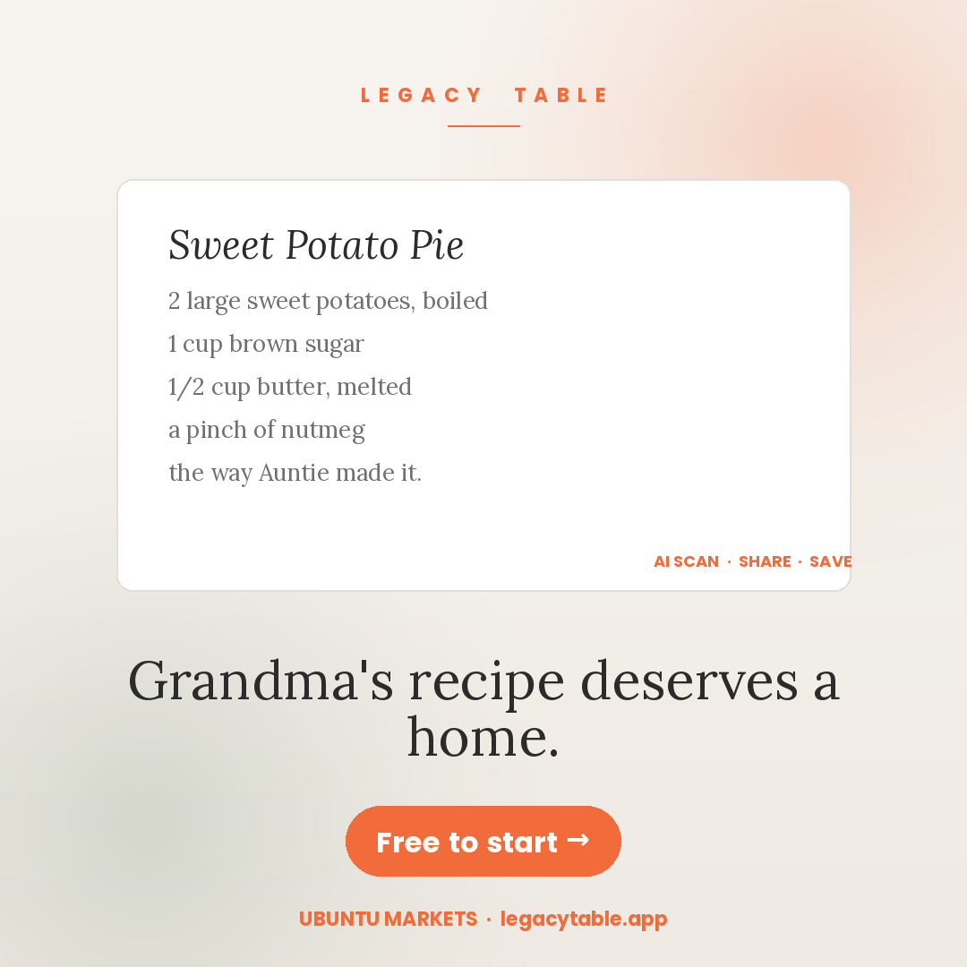 Legacy Table preview showing a family sweet potato pie recipe preserved as an heirloom